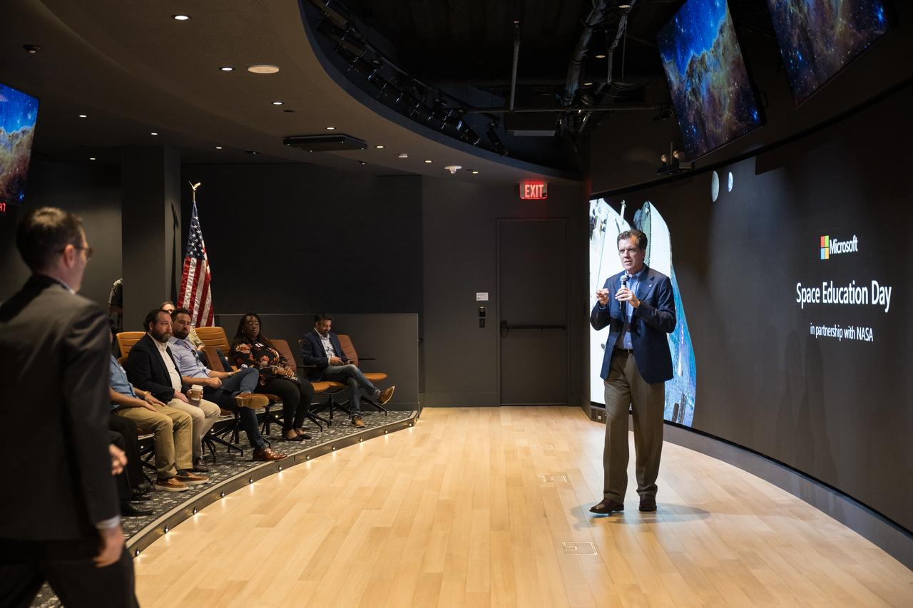 NASA Associate Administrator for the STEM Engagement Office, Mike Kincaid, provides remarks during Space Education Day, Tuesday, June 20, 2023, at the Microsoft Technology Center in Arlington, Va. Microsoft hosted the event to showcase the collaboration, early successes, and future plans for high quality student engagement through activities that combined space content and technologies like artificial intelligence and cloud computing. Photo Credit: (NASA/Aubrey Gemignani)