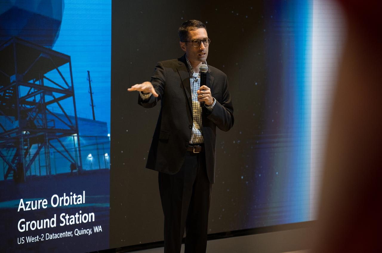 Microsoft’s Azure Space Senior Director, Stephen Kitay, provides remarks during Space Education Day, Tuesday, June 20, 2023, at the Microsoft Technology Center in Arlington, Va. Microsoft hosted the event to showcase the collaboration, early successes, and future plans for high quality student engagement through activities that combined space content and technologies like artificial intelligence and cloud computing. Photo Credit: (NASA/Aubrey Gemignani)