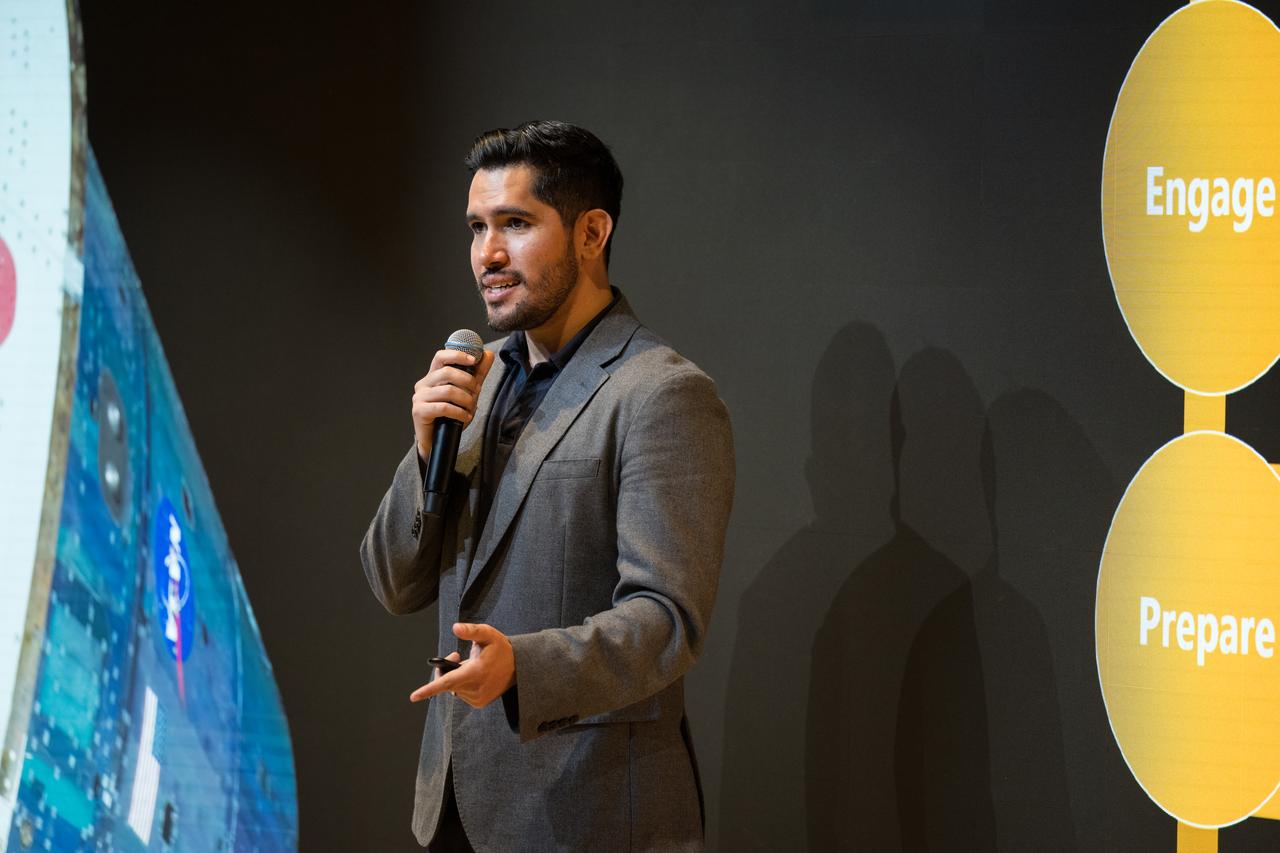 Microsoft’s Azure Space Senior Program Manager, Juan Carlos López, provides remarks during Space Education Day, Tuesday, June 20, 2023, at the Microsoft Technology Center in Arlington, Va. Microsoft hosted the event to showcase the collaboration, early successes, and future plans for high quality student engagement through activities that combined space content and technologies like artificial intelligence and cloud computing. Photo Credit: (NASA/Aubrey Gemignani)