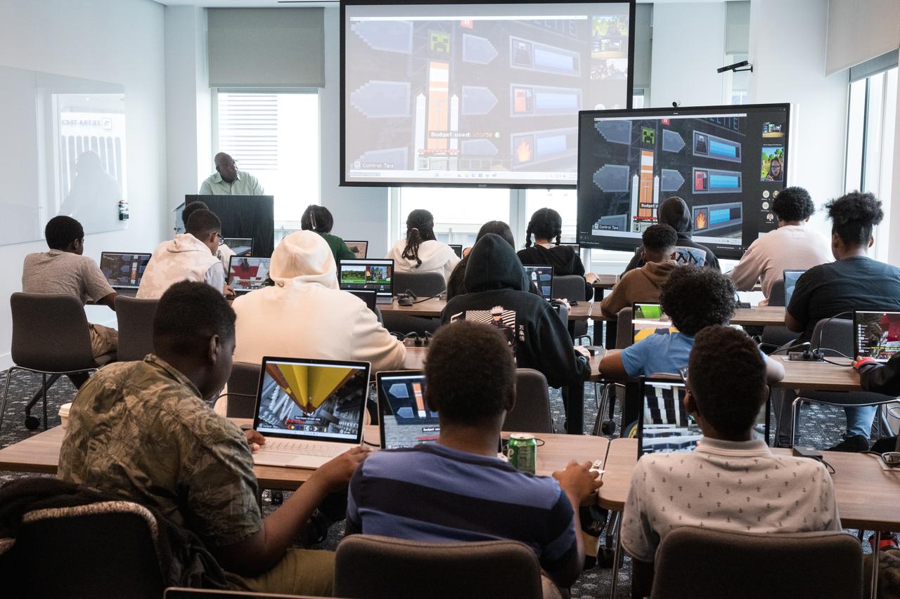 DC area students participate in a Minecraft Artemis demonstration during Space Education Day, Tuesday, June 20, 2023, at the Microsoft Technology Center in Arlington, Va. Microsoft hosted the event to showcase the collaboration, early successes, and future plans for high quality student engagement through activities that combined space content and technologies like artificial intelligence and cloud computing. Photo Credit: (NASA/Aubrey Gemignani)