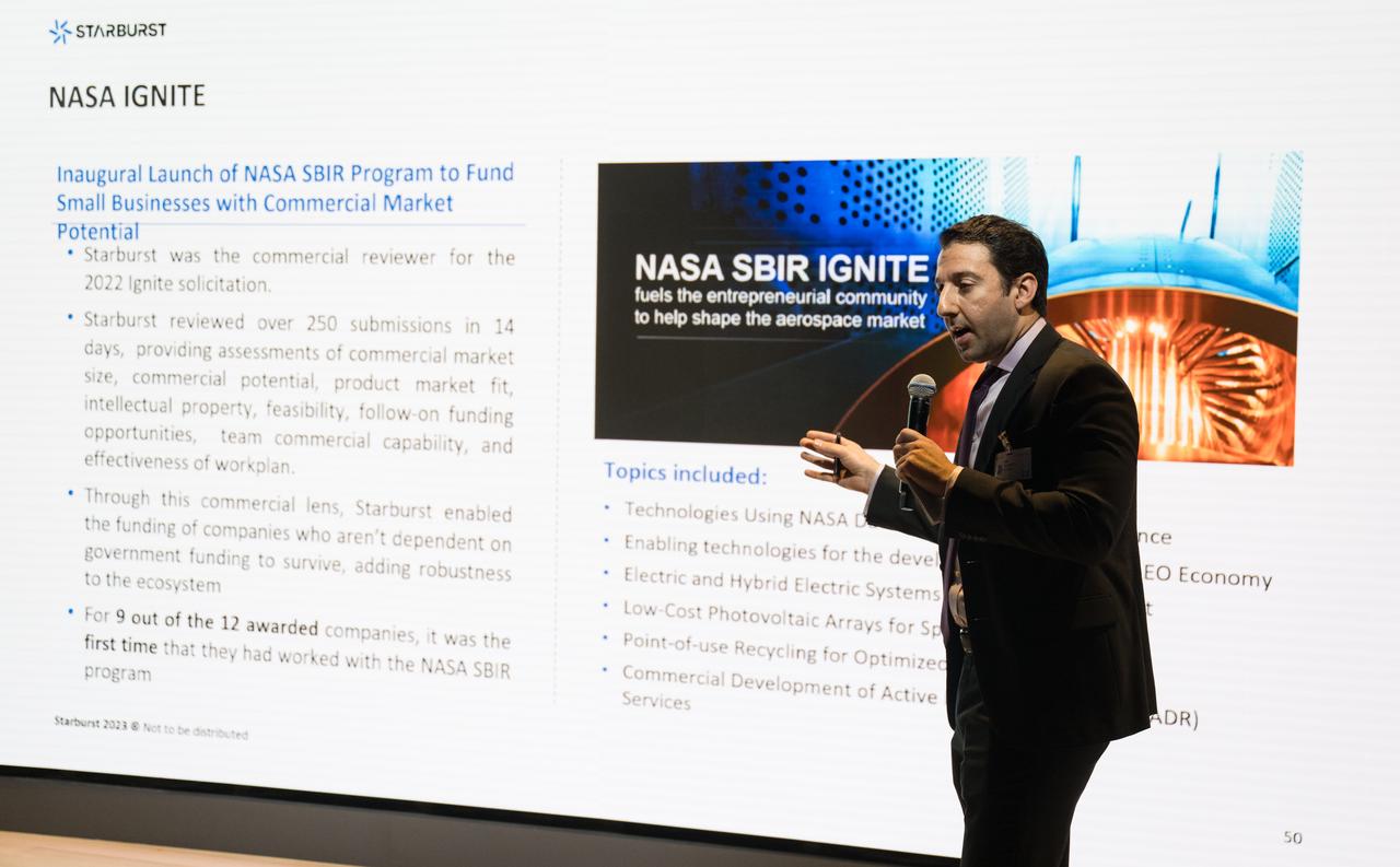 Director of Government Affairs and Business Development for Starburst Aerospace, Robert Ganim, provides remarks during Space Education Day, Tuesday, June 20, 2023, at the Microsoft Technology Center in Arlington, Va. Microsoft hosted the event to showcase the collaboration, early successes, and future plans for high quality student engagement through activities that combined space content and technologies like artificial intelligence and cloud computing. Photo Credit: (NASA/Aubrey Gemignani)