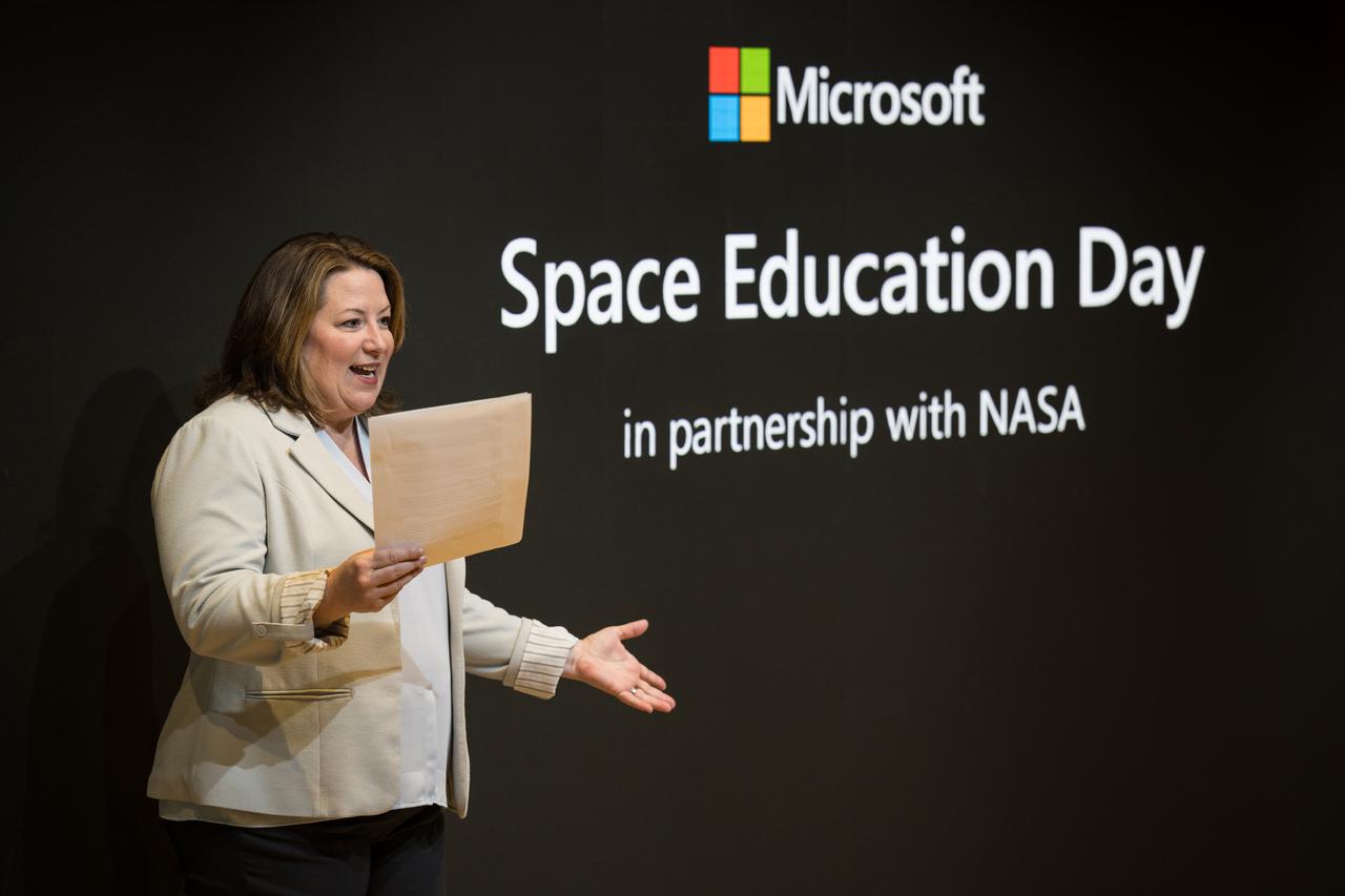 Microsoft's Federal Civilian Team General Manager, Heidi Koblyski, provides remarks during Space Education Day, Tuesday, June 20, 2023, at the Microsoft Technology Center in Arlington, Va. Microsoft hosted the event to showcase the collaboration, early successes, and future plans for high quality student engagement through activities that combined space content and technologies like artificial intelligence and cloud computing. Photo Credit: (NASA/Aubrey Gemignani)