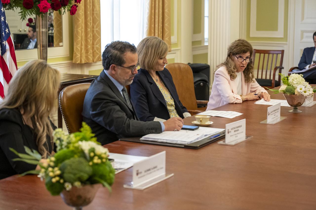 NASA Associate Administrator for International and Interagency Relations Karen Feldstein, right, delivers remarks during an Artemis Accords signing ceremony Wednesday, June 21, 2023, at the Embassy of Ecuador in Washington. Ecuador is the twenty sixth country to sign the Artemis Accords, which establish a practical set of principles to guide space exploration cooperation among nations participating in NASA’s Artemis program. Photo Credit: (NASA/Keegan Barber)