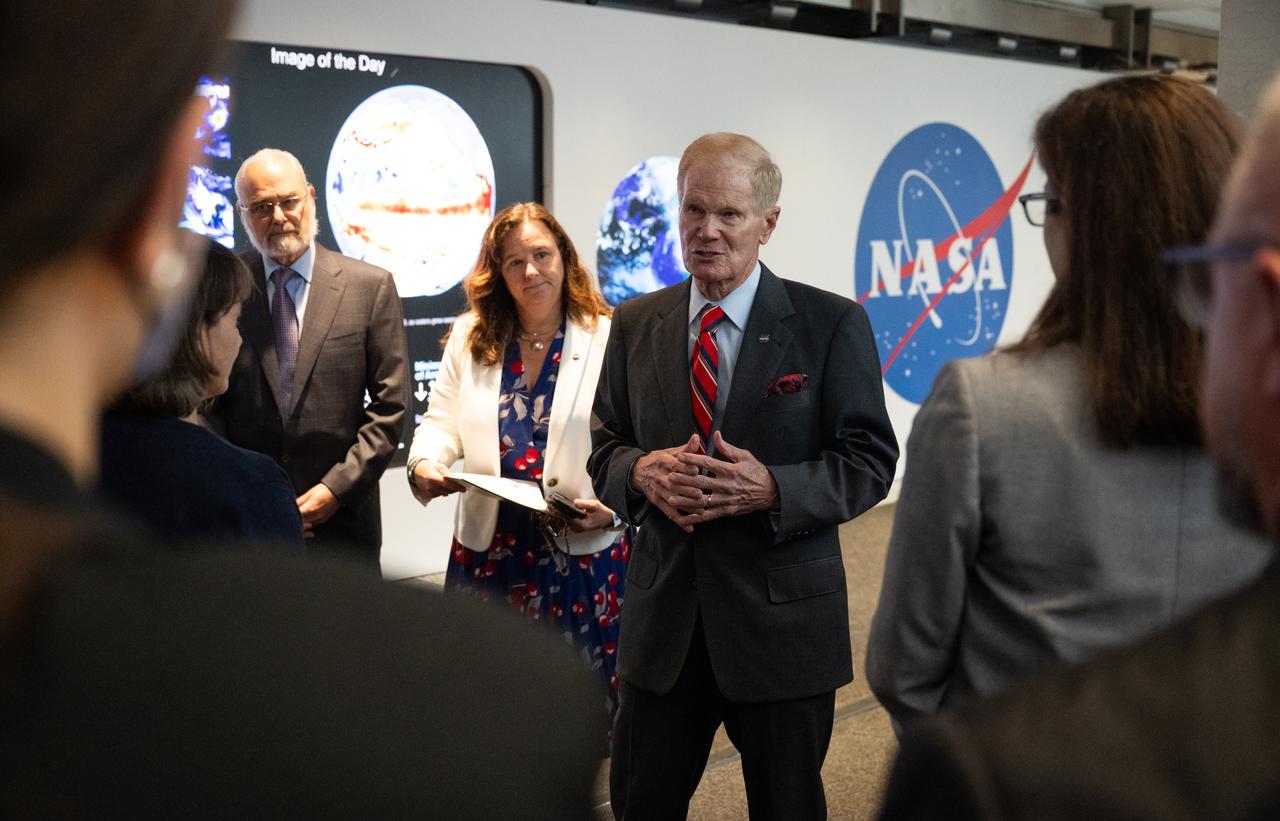 NASA Administrator Bill Nelson speaks to leadership from NOAA, USGS, USDA, USAID, EPA, and FEMA at the opening of NASA’s Earth Information Center, Wednesday, June 21, 2023, at the Mary W. Jackson NASA Headquarters building in Washington. The Earth Information Center is new immersive experience that combines live data sets with cutting-edge data visualization and storytelling to allow visitors to see how our planet is changing. Photo Credit: (NASA/Joel Kowsky)
