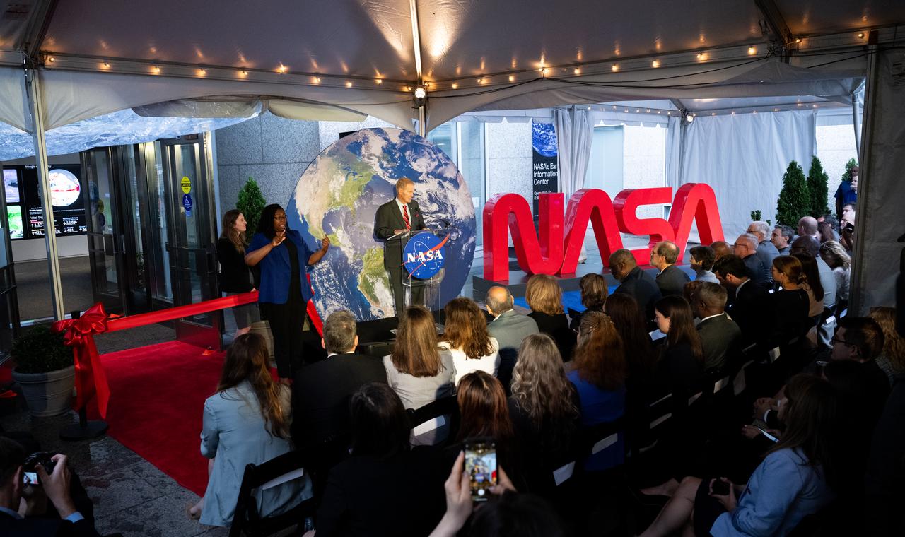 NASA Administrator Bill Nelson delivers remarks before the ribbon cutting ceremony to open NASA’s Earth Information Center, Wednesday, June 21, 2023, at the Mary W. Jackson NASA Headquarters building in Washington. The Earth Information Center is new immersive experience that combines live data sets with cutting-edge data visualization and storytelling to allow visitors to see how our planet is changing.  Photo Credit: (NASA/Joel Kowsky)