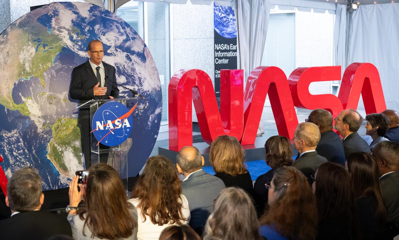 Dwane Roth of Big D Farms in Kansas, speaks before the ribbon cutting ceremony to open NASA’s Earth Information Center, Wednesday, June 21, 2023, at the Mary W. Jackson NASA Headquarters building in Washington. The Earth Information Center is new immersive experience that combines live data sets with cutting-edge data visualization and storytelling to allow visitors to see how our planet is changing.  Photo Credit: (NASA/Joel Kowsky)