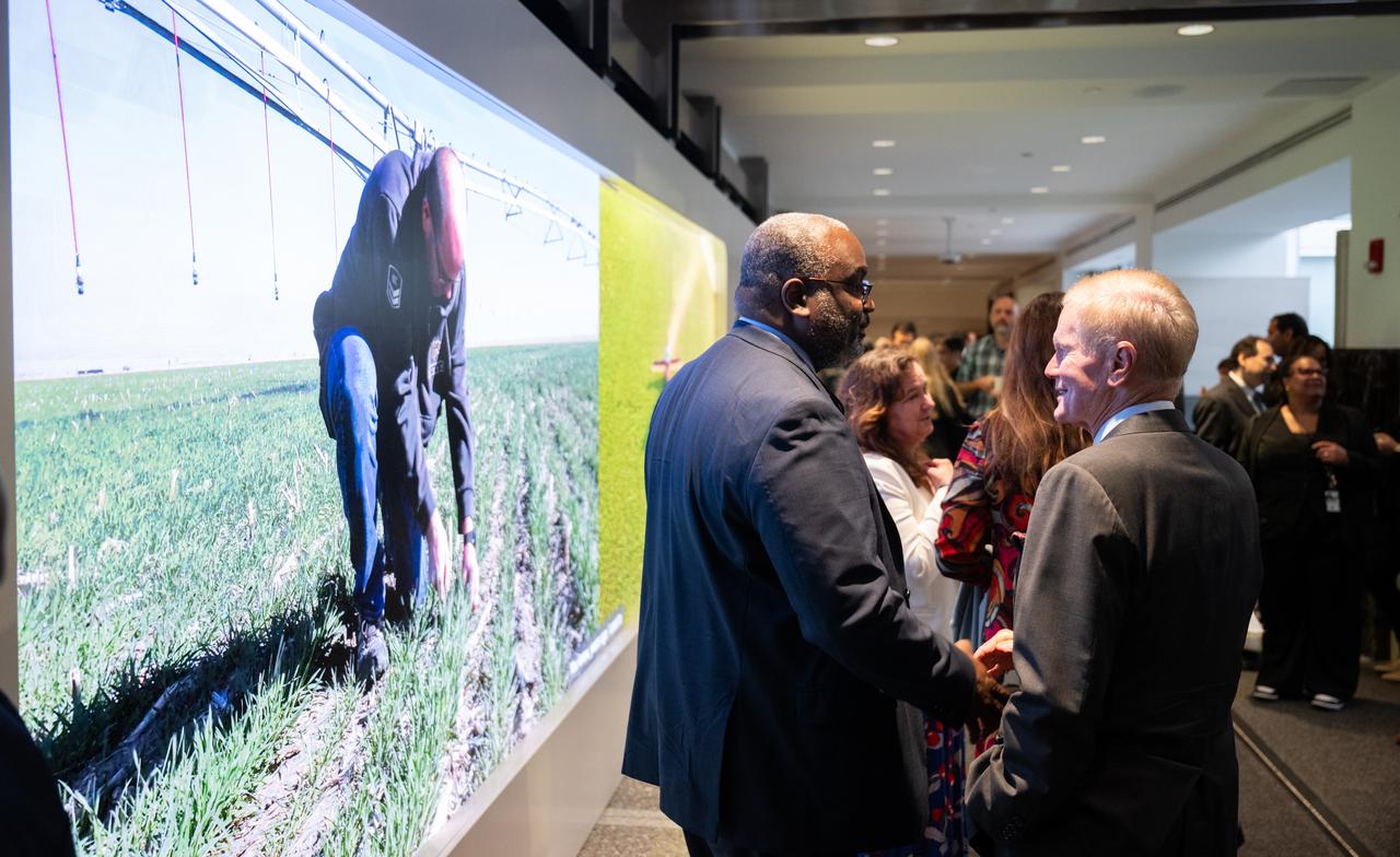NASA Administrator Bill Nelson, right, and Michael Morgan, Assistant Secretary of Commerce for Environmental Observation and Prediction at the National Oceanic and Atmospheric Administration (NOAA), are seen in front of the hyperwall following the ribbon cutting ceremony to open NASA’s Earth Information Center, Wednesday, June 21, 2023, at the Mary W. Jackson NASA Headquarters building in Washington. The Earth Information Center is new immersive experience that combines live data sets with cutting-edge data visualization and storytelling to allow visitors to see how our planet is changing.  Photo Credit: (NASA/Joel Kowsky)
