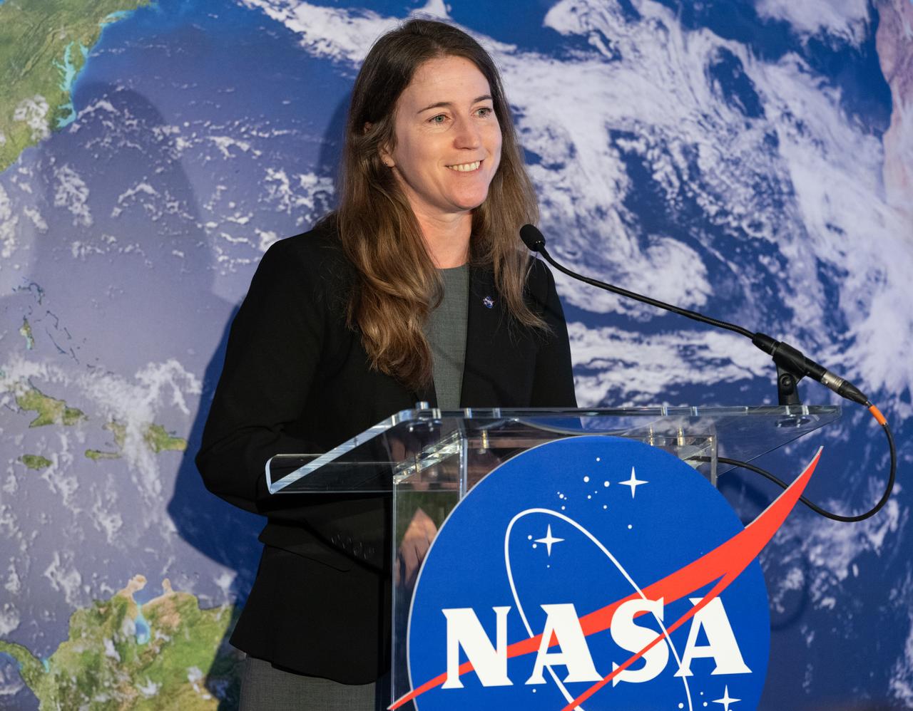 Kate Calvin, NASA’s Chief Scientist, speaks before the ribbon cutting ceremony to open NASA’s Earth Information Center, Wednesday, June 21, 2023, at the Mary W. Jackson NASA Headquarters building in Washington. The Earth Information Center is new immersive experience that combines live data sets with cutting-edge data visualization and storytelling to allow visitors to see how our planet is changing.  Photo Credit: (NASA/Joel Kowsky)