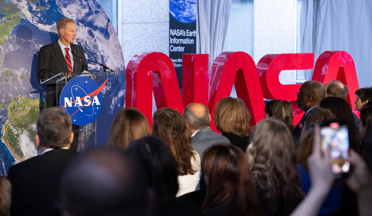 NASA Administrator Bill Nelson delivers remarks before the ribbon cutting ceremony to open NASA’s Earth Information Center, Wednesday, June 21, 2023, at the Mary W. Jackson NASA Headquarters building in Washington. The Earth Information Center is new immersive experience that combines live data sets with cutting-edge data visualization and storytelling to allow visitors to see how our planet is changing.  Photo Credit: (NASA/Joel Kowsky)