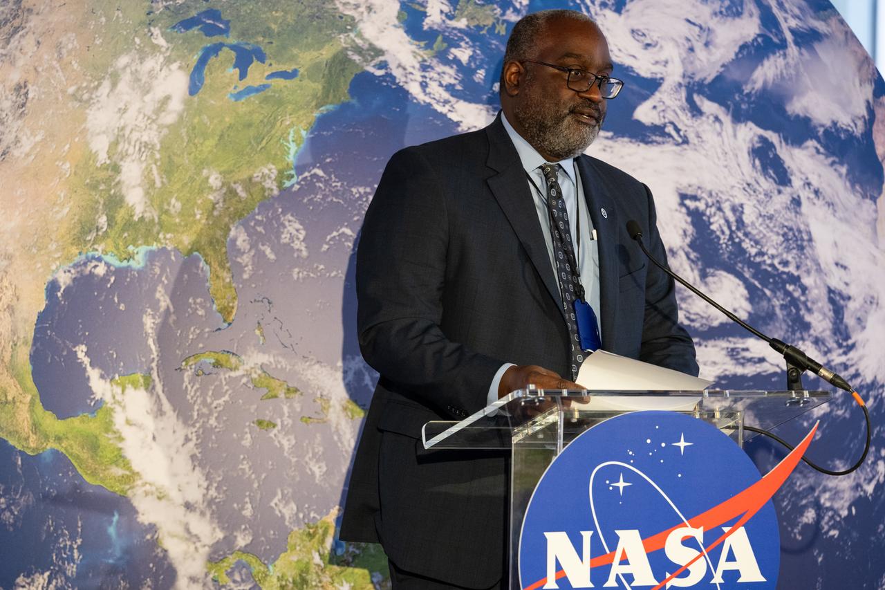 Michael Morgan, Assistant Secretary of Commerce for Environmental Observation and Prediction at the National Oceanic and Atmospheric Administration (NOAA), speaks before the ribbon cutting ceremony to open NASA’s Earth Information Center, Wednesday, June 21, 2023, at the Mary W. Jackson NASA Headquarters building in Washington. The Earth Information Center is new immersive experience that combines live data sets with cutting-edge data visualization and storytelling to allow visitors to see how our planet is changing.  Photo Credit: (NASA/Joel Kowsky)