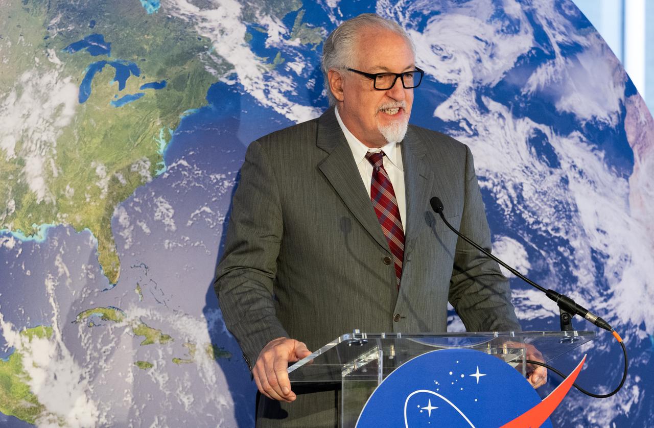 Marlen Eve, Deputy Administrator for the Agricultural Research Service at the U.S. Department of Agriculture (USDA), speaks before the ribbon cutting ceremony to open NASA’s Earth Information Center, Wednesday, June 21, 2023, at the Mary W. Jackson NASA Headquarters building in Washington. The Earth Information Center is new immersive experience that combines live data sets with cutting-edge data visualization and storytelling to allow visitors to see how our planet is changing.  Photo Credit: (NASA/Joel Kowsky)