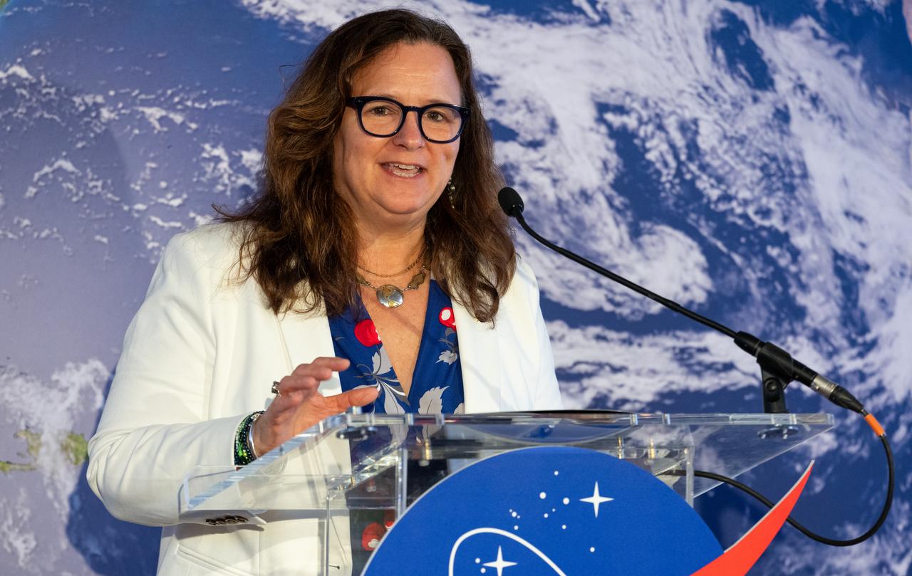 Karen St. Germain, Director of the Earth Science Division of NASA’s Science Mission Directorate, before the ribbon cutting ceremony to open NASA’s Earth Information Center, Wednesday, June 21, 2023, at the Mary W. Jackson NASA Headquarters building in Washington. The Earth Information Center is new immersive experience that combines live data sets with cutting-edge data visualization and storytelling to allow visitors to see how our planet is changing.  Photo Credit: (NASA/Joel Kowsky)