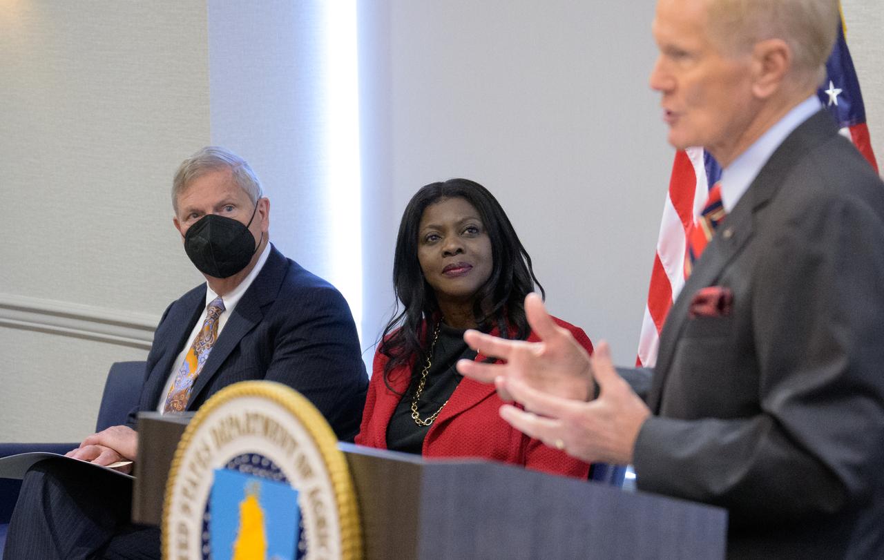 NASA Administrator Bill Nelson gives remarks prior to signing a memorandum of understanding between NASA and USDA, Wednesday, June 21, 2023, at the USDA’s Jamie L. Whitten Building in Washington. The agreement strengthens the collaboration between the two agencies, including efforts to improve agricultural and Earth science research, technology, and agricultural management, as well as the application of science data and models to agricultural decision making. Photo Credit: (NASA/Bill Ingalls)