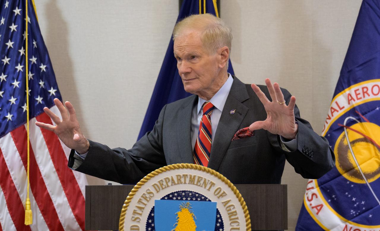 NASA Administrator Bill Nelson gives remarks prior to signing a memorandum of understanding between NASA and USDA, Wednesday, June 21, 2023, at the USDA’s Jamie L. Whitten Building in Washington. The agreement strengthens the collaboration between the two agencies, including efforts to improve agricultural and Earth science research, technology, and agricultural management, as well as the application of science data and models to agricultural decision making. Photo Credit: (NASA/Bill Ingalls)