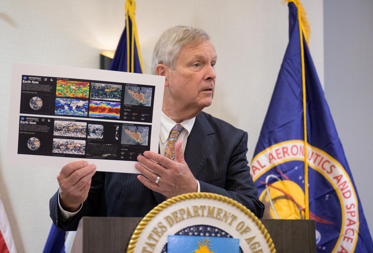 U.S. Secretary of Agriculture Thomas Vilsack gives remarks prior to signing a memorandum of understanding between NASA and USDA, Wednesday, June 21, 2023, at the USDA’s Jamie L. Whitten Building in Washington. The agreement strengthens the collaboration between the two agencies, including efforts to improve agricultural and Earth science research, technology, and agricultural management, as well as the application of science data and models to agricultural decision making. Photo Credit: (NASA/Bill Ingalls)