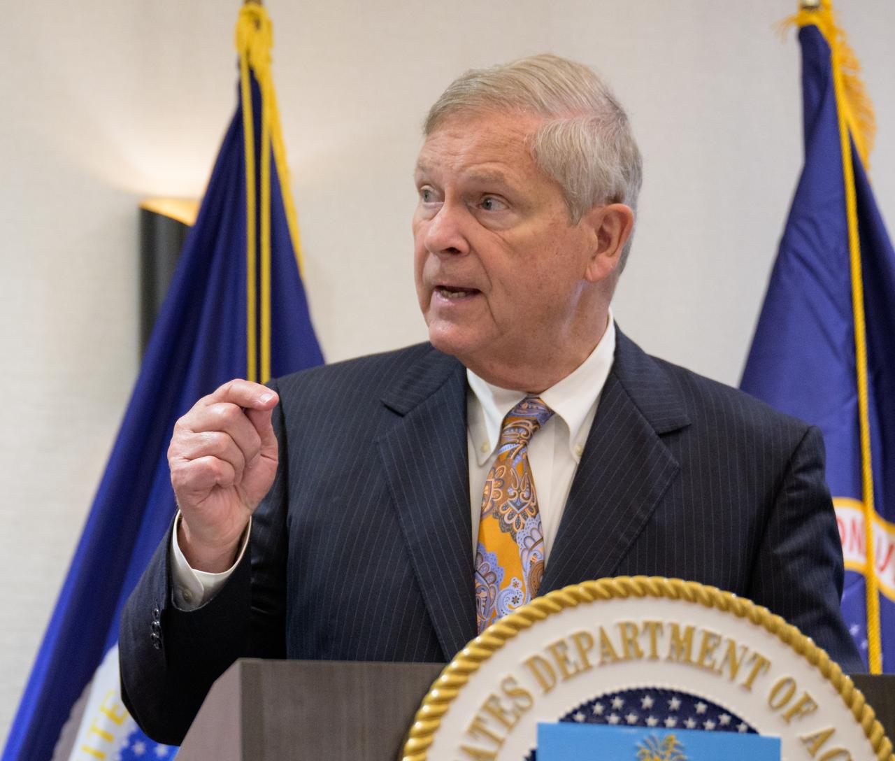 U.S. Secretary of Agriculture Thomas Vilsack gives remarks prior to signing a memorandum of understanding between NASA and USDA, Wednesday, June 21, 2023, at the USDA’s Jamie L. Whitten Building in Washington. The agreement strengthens the collaboration between the two agencies, including efforts to improve agricultural and Earth science research, technology, and agricultural management, as well as the application of science data and models to agricultural decision making. Photo Credit: (NASA/Bill Ingalls)
