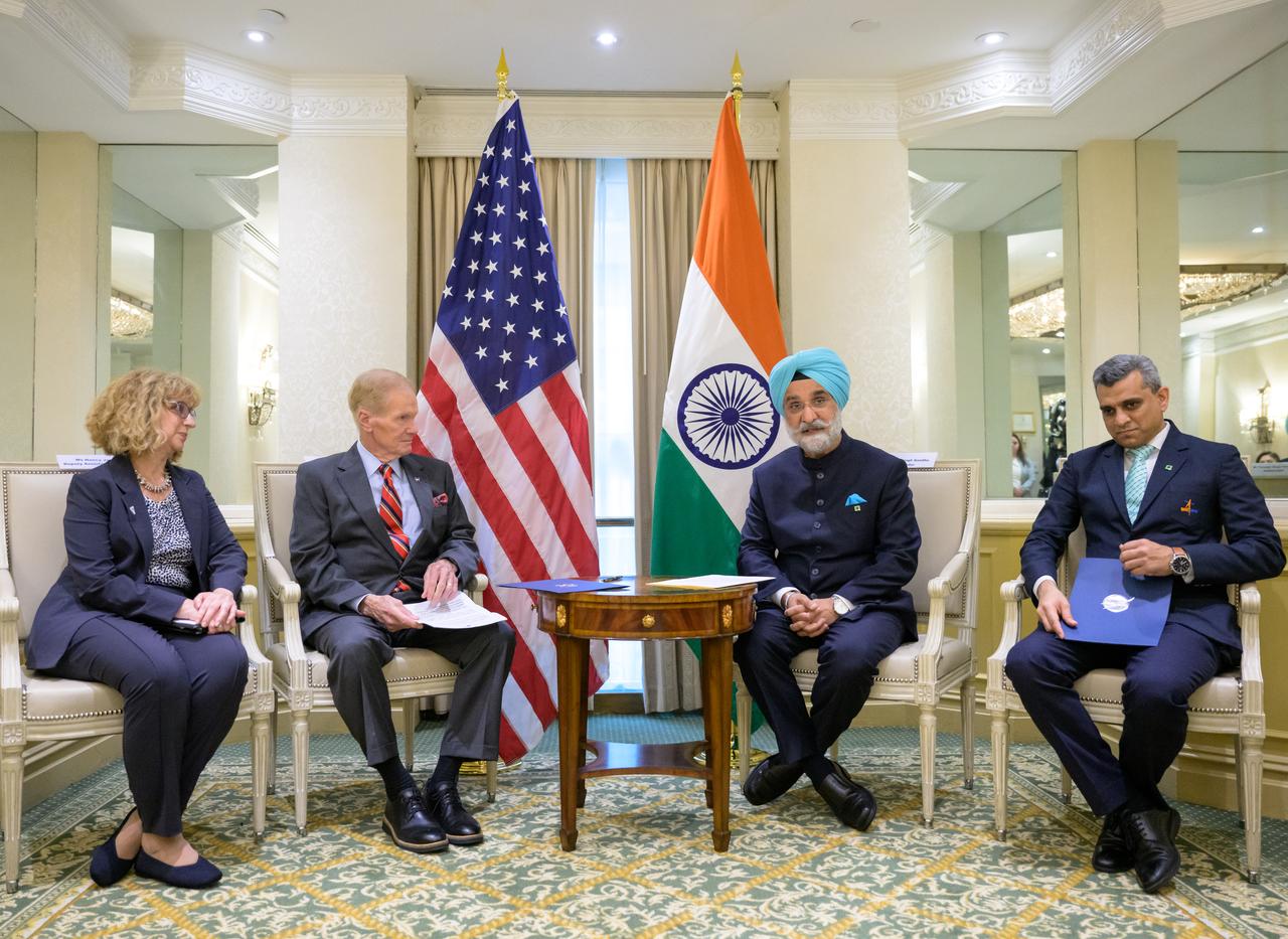 From left; U.S. Department of State, Deputy Assistant Secretary for India, Nancy Jackson, NASA Administrator Bill Nelson, Indian Ambassador Taranjit Sandhu, and Indian Space Research Organization, Space Counsellor, Krunal Joshi, talk after the signing of the Artemis Accords, Wednesday, June 21, 2023, at the Willard InterContinental Hotel in Washington. India is the 27th country to sign the Artemis Accords, which establish a practical set of principles to guide space exploration cooperation among nations participating in NASA’s Artemis program.  Photo Credit: (NASA/Bill Ingalls)