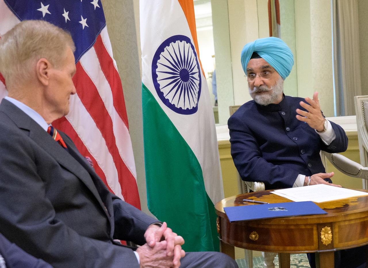 Indian Ambassador Taranjit Sandhu, right, talks with NASA Administrator Bill Nelson, after having signed the Artemis Accords, Wednesday, June 21, 2023, at the Willard InterContinental Hotel in Washington. India is the twenty seventh country to sign the Artemis Accords, which establish a practical set of principles to guide space exploration cooperation among nations participating in NASA’s Artemis program. Photo Credit: (NASA/Bill Ingalls)