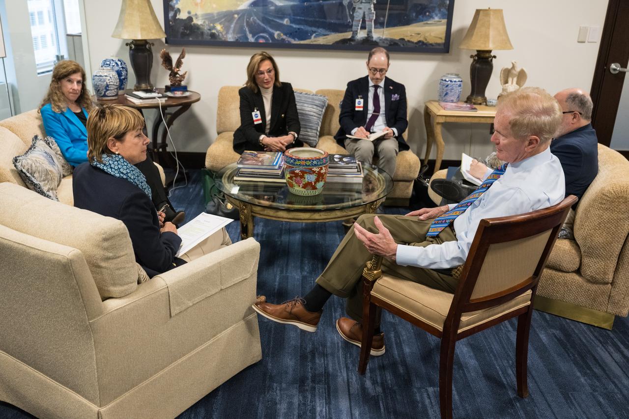 From left to right, Monaco’s Minister of Foreign Affairs and Cooperation, Isabelle Berro-Amadeï, NASA Associate Administrator for the Office of International and Interagency Relations, Karen Feldstein, Ambassador of the Principality of Monaco to the United States and Canada, the Honorable Maguy Maccario Doyle,  Deputy Chief of Mission, Embassy of the Principality of Monaco to the United States and Canada, the Honorable Jean-Philippe Bertani, NASA International Program Specialist with the Office of International and Interagency Relations, Anthony Tsougranis, and NASA Administrator Bill Nelson, meet Thursday, June 22, 2023 at the Mary W. Jackson NASA Headquarters building in Washington. Photo Credit: (NASA/Aubrey Gemignani)