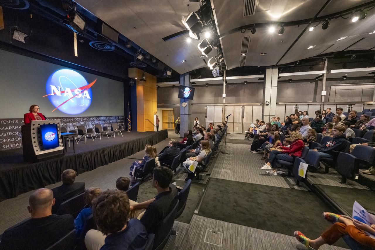 NASA Earth Science Division Deputy Director Julie Robinson delivers remarks during an Earth Information Center (EIC) student engagement event, Friday, June 23, 2023, at the Mary W. Jackson NASA Headquarters building in Washington. The EIC is a new immersive experience that combines live data sets with cutting-edge data visualization and storytelling to allow visitors to see how our planet is changing. Photo Credit: (NASA/Keegan Barber)