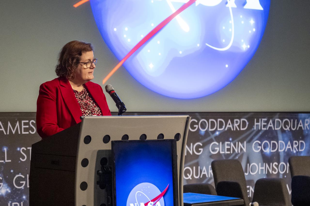 NASA Earth Science Division Deputy Director Julie Robinson delivers remarks during an Earth Information Center (EIC) student engagement event, Friday, June 23, 2023, at the Mary W. Jackson NASA Headquarters building in Washington. The EIC is a new immersive experience that combines live data sets with cutting-edge data visualization and storytelling to allow visitors to see how our planet is changing. Photo Credit: (NASA/Keegan Barber)