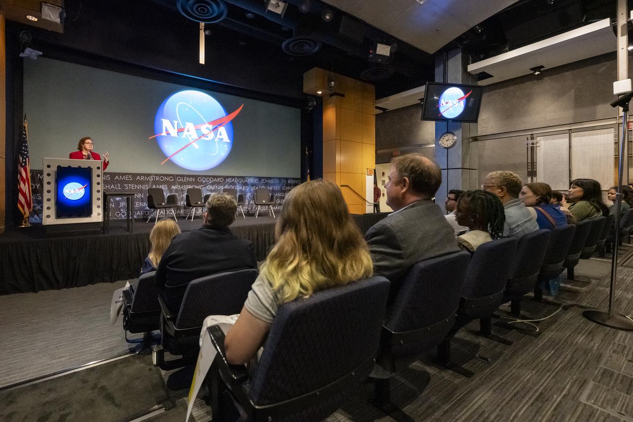 NASA Earth Science Division Deputy Director Julie Robinson delivers remarks during an Earth Information Center (EIC) student engagement event, Friday, June 23, 2023, at the Mary W. Jackson NASA Headquarters building in Washington. The EIC is a new immersive experience that combines live data sets with cutting-edge data visualization and storytelling to allow visitors to see how our planet is changing. Photo Credit: (NASA/Keegan Barber)