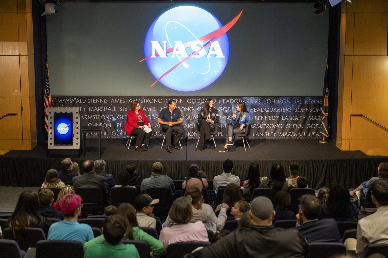 From left to right, NASA Earth Science Division Deputy Director Julie Robinson, NASA Scientific Visualization Studio Lead Mark Subbarao, NASA Jet Propulsion Laboratory (JPL) Art Director Erica Bernhard, and Former NASA Astronaut Nicole Stott participate in a fireside chat during an Earth Information Center (EIC) student engagement event, Friday, June 23, 2023, at the Mary W. Jackson NASA Headquarters building in Washington. The EIC is a new immersive experience that combines live data sets with cutting-edge data visualization and storytelling to allow visitors to see how our planet is changing. Photo Credit: (NASA/Keegan Barber)