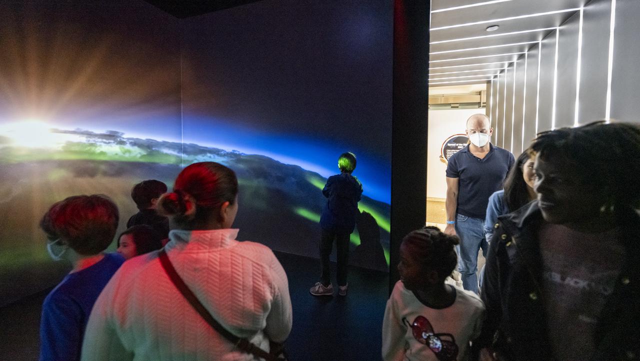 Local students participate in an Earth Information Center (EIC) student engagement event, Friday, June 23, 2023, at the Mary W. Jackson NASA Headquarters building in Washington. The EIC is a new immersive experience that combines live data sets with cutting-edge data visualization and storytelling to allow visitors to see how our planet is changing. Photo Credit: (NASA/Keegan Barber)