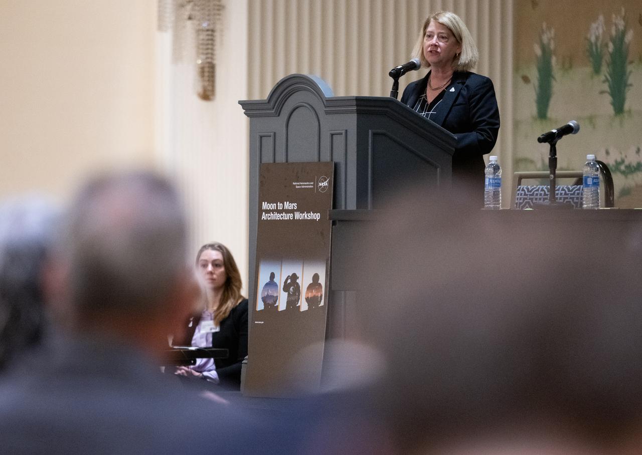 NASA Deputy Administrator Pam Melroy delivers opening remarks during NASA’s Moon to Mars Architecture Workshop, Tuesday, June 27, 2023, at the Gaylord National Resort and Convention Center in National Harbor, Md. Following the release of the 2022 Architecture Concept Review, NASA is conducting the workshop to engage the broader space community and collect feedback from U.S. industry and academia to inform the Moon to Mars mission architecture and operational delivery. Photo Credit: (NASA/Joel Kowsky)
