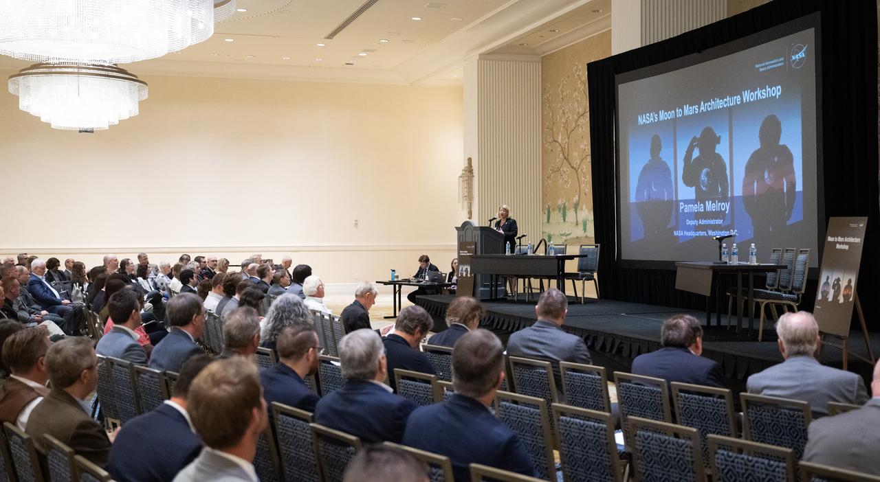 NASA Deputy Administrator Pam Melroy delivers opening remarks during NASA’s Moon to Mars Architecture Workshop, Tuesday, June 27, 2023, at the Gaylord National Resort and Convention Center in National Harbor, Md. Following the release of the 2022 Architecture Concept Review, NASA is conducting the workshop to engage the broader space community and collect feedback from U.S. industry and academia to inform the Moon to Mars mission architecture and operational delivery. Photo Credit: (NASA/Joel Kowsky)