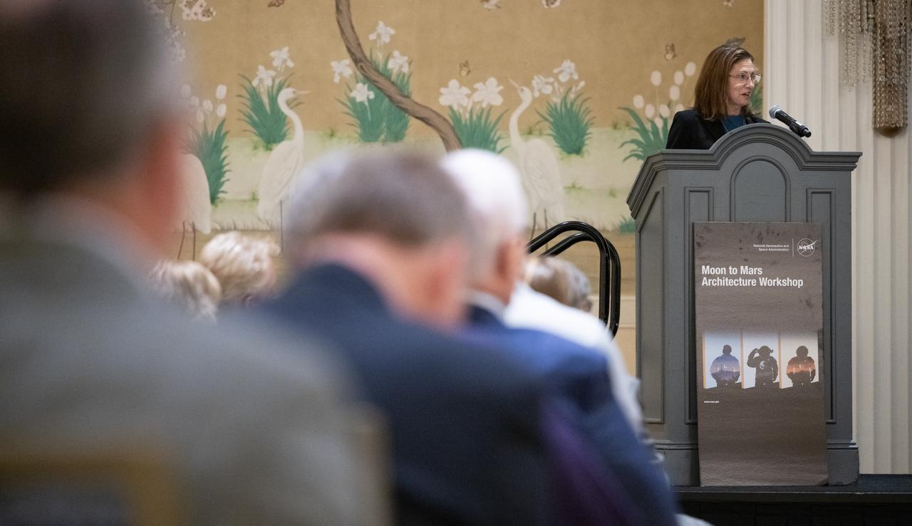 Catherine Koerner, deputy associate administrator for NASA's Exploration Systems Development Mission Directorate, speaks during NASA’s Moon to Mars Architecture Workshop, Tuesday, June 27, 2023, at the Gaylord National Resort and Convention Center in National Harbor, Md. Following the release of the 2022 Architecture Concept Review, NASA is conducting the workshop to engage the broader space community and collect feedback from U.S. industry and academia to inform the Moon to Mars mission architecture and operational delivery. Photo Credit: (NASA/Joel Kowsky)