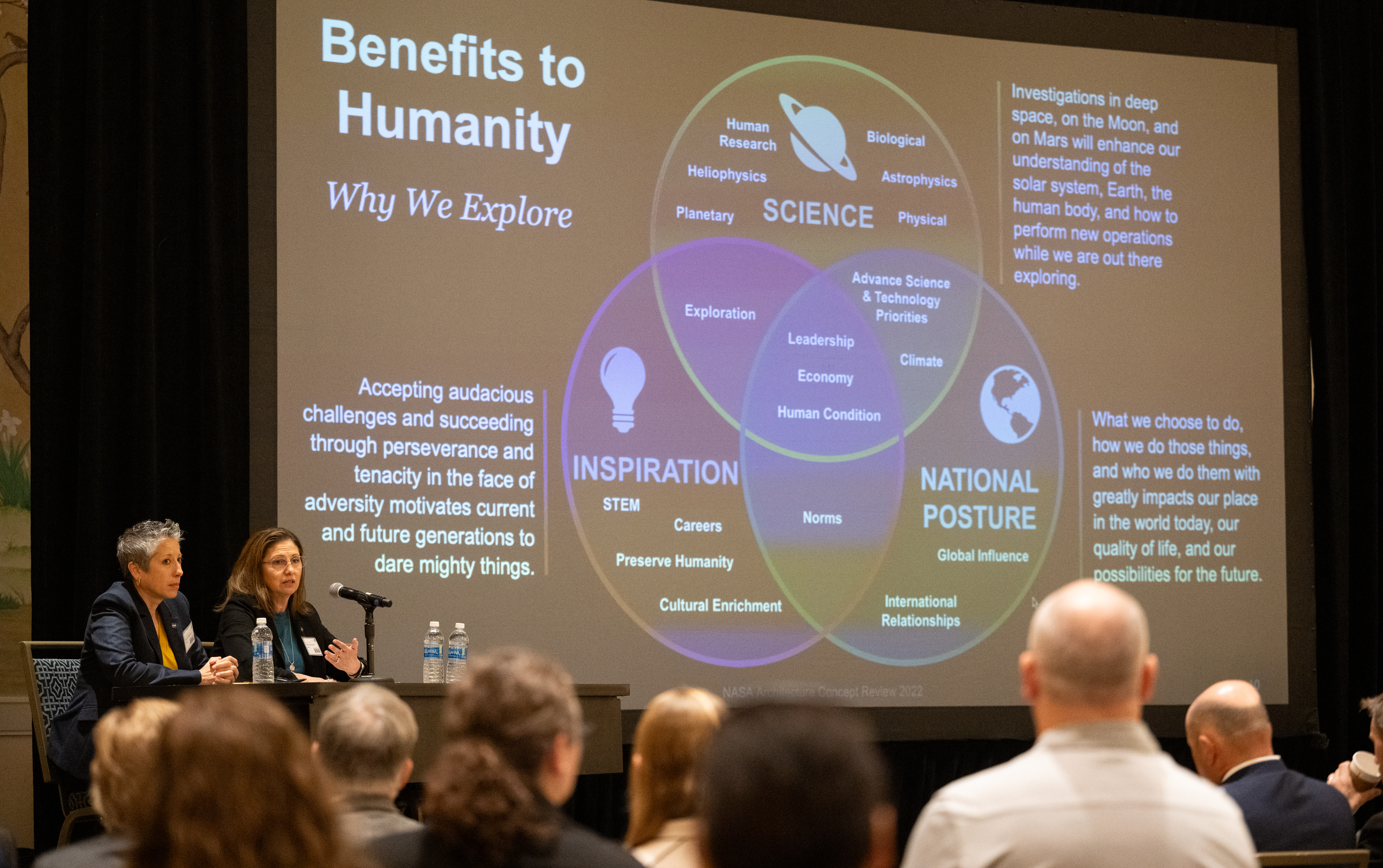 Nujoud Merancy, architecture lead for NASA's Exploration Systems Development Mission Directorate, left, and Catherine Koerner, deputy associate administrator for NASA's Exploration Systems Development Mission Directorate, are seen during NASA’s Moon to Mars Architecture Workshop, Tuesday, June 27, 2023, at the Gaylord National Resort and Convention Center in National Harbor, Md. Following the release of the 2022 Architecture Concept Review, NASA is conducting the workshop to engage the broader space community and collect feedback from U.S. industry and academia to inform the Moon to Mars mission architecture and operational delivery. Photo Credit: (NASA/Joel Kowsky)