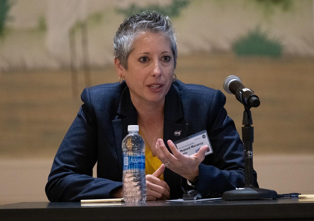 Nujoud Merancy, architecture lead for NASA's Exploration Systems Development Mission Directorate, speaks during NASA’s Moon to Mars Architecture Workshop, Tuesday, June 27, 2023, at the Gaylord National Resort and Convention Center in National Harbor, Md. Following the release of the 2022 Architecture Concept Review, NASA is conducting the workshop to engage the broader space community and collect feedback from U.S. industry and academia to inform the Moon to Mars mission architecture and operational delivery. Photo Credit: (NASA/Joel Kowsky)