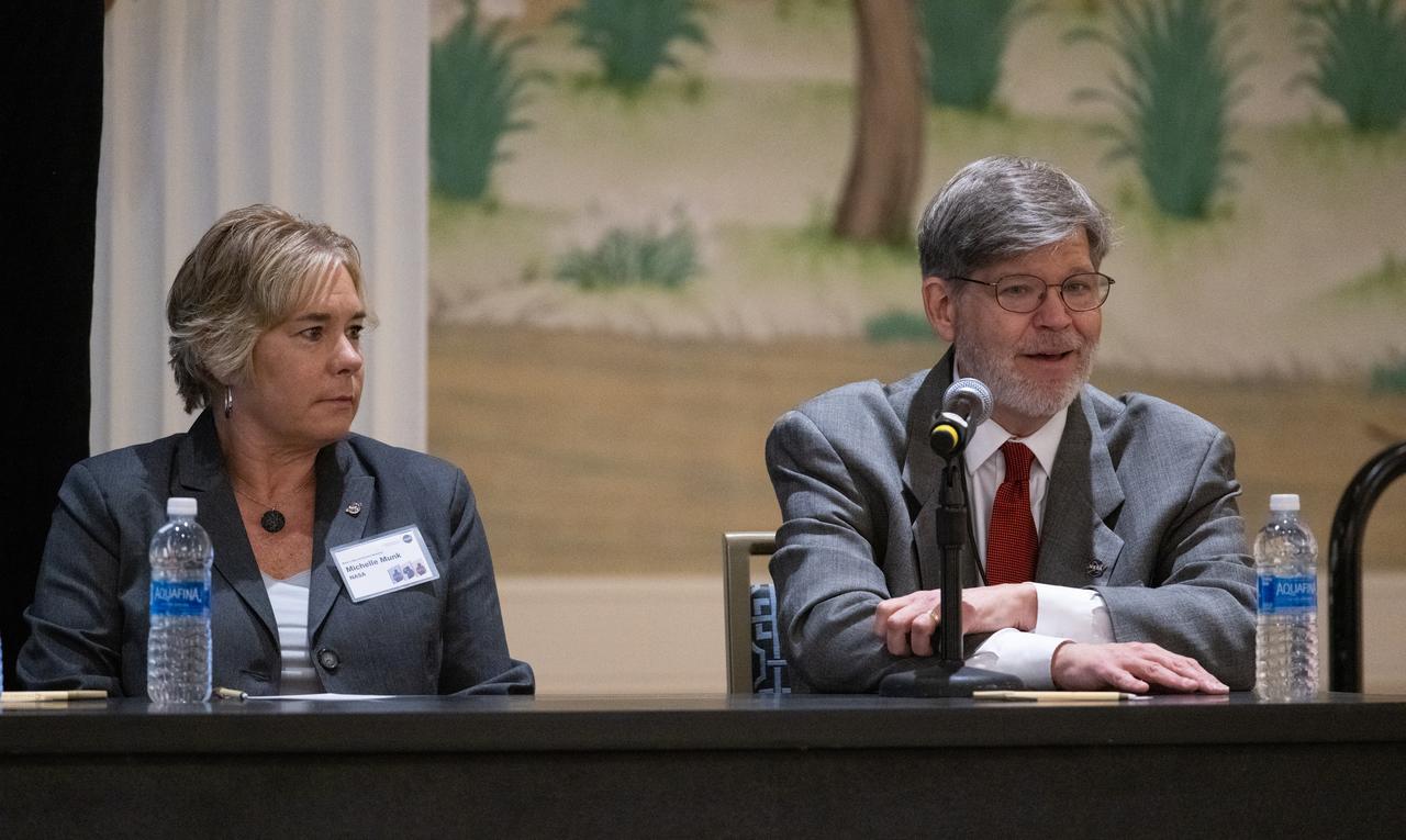 Michelle Munk, chief architect for NASA’s Space Technology Mission Directorate, left, and Joel Kearns, deputy associate administrator for Exploration in NASA's Science Mission Directorate, are seen during NASA’s Moon to Mars Architecture Workshop, Tuesday, June 27, 2023, at the Gaylord National Resort and Convention Center in National Harbor, Md. Following the release of the 2022 Architecture Concept Review, NASA is conducting the workshop to engage the broader space community and collect feedback from U.S. industry and academia to inform the Moon to Mars mission architecture and operational delivery. Photo Credit: (NASA/Joel Kowsky)