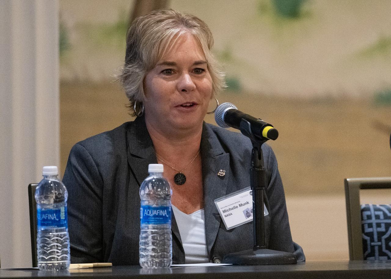 Michelle Munk, chief architect for NASA’s Space Technology Mission Directorate, speaks during NASA’s Moon to Mars Architecture Workshop, Tuesday, June 27, 2023, at the Gaylord National Resort and Convention Center in National Harbor, Md. Following the release of the 2022 Architecture Concept Review, NASA is conducting the workshop to engage the broader space community and collect feedback from U.S. industry and academia to inform the Moon to Mars mission architecture and operational delivery. Photo Credit: (NASA/Joel Kowsky)