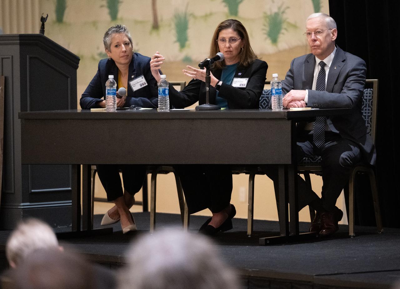 Catherine Koerner, deputy associate administrator for NASA's Exploration Systems Development Mission Directorate, center, is seen alongside Nujoud Merancy, architecture lead for NASA's Exploration Systems Development Mission Directorate, left, and Patrick Forrester, special advisor in NASA's Space Operations Mission Directorate, right, during NASA’s Moon to Mars Architecture Workshop, Tuesday, June 27, 2023, at the Gaylord National Resort and Convention Center in National Harbor, Md. Following the release of the 2022 Architecture Concept Review, NASA is conducting the workshop to engage the broader space community and collect feedback from U.S. industry and academia to inform the Moon to Mars mission architecture and operational delivery. Photo Credit: (NASA/Joel Kowsky)