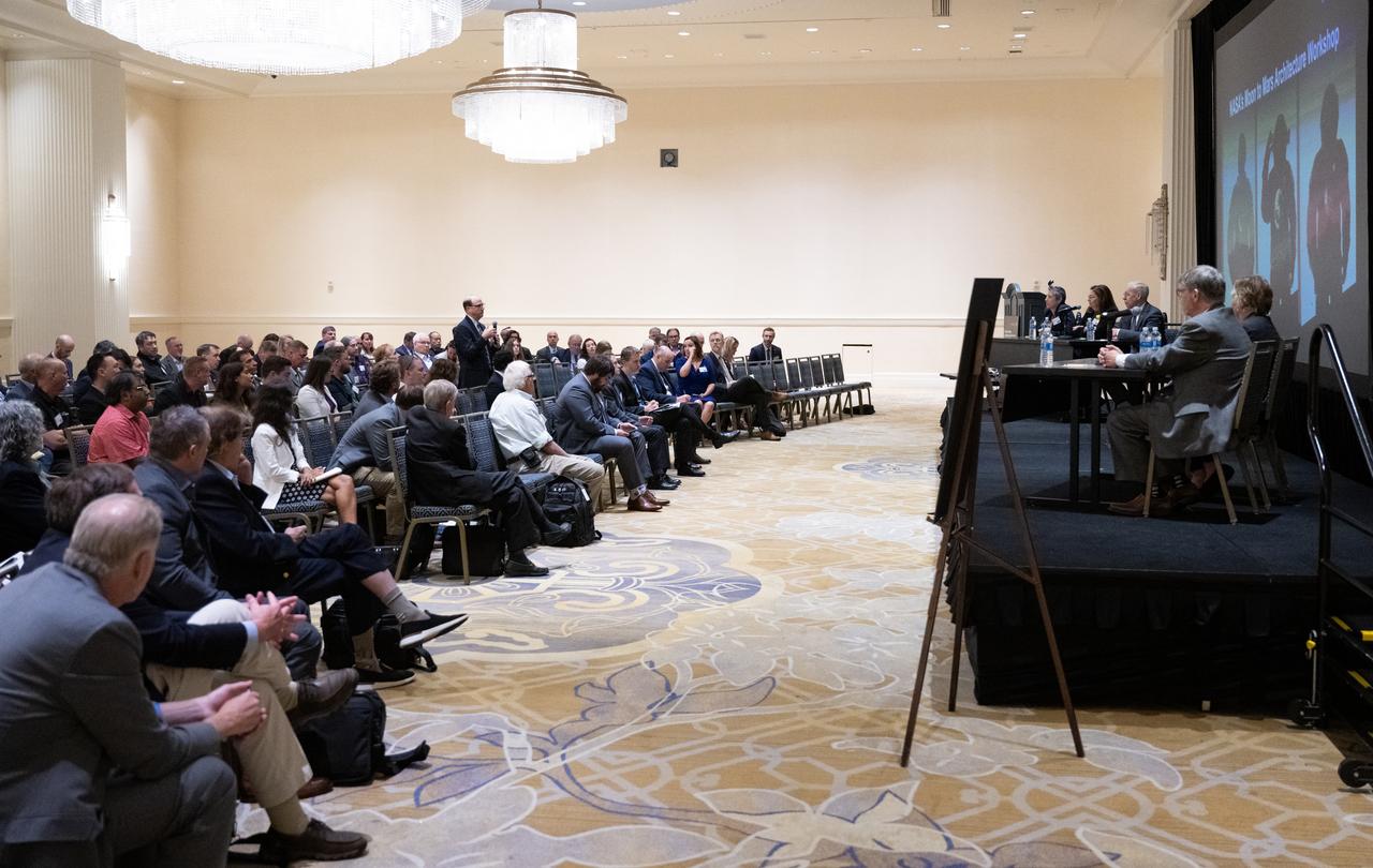 Nujoud Merancy, architecture lead for NASA's Exploration Systems Development Mission Directorate, Catherine Koerner, deputy associate administrator for NASA's Exploration Systems Development Mission Directorate, Patrick Forrester, special advisor in NASA's Space Operations Mission Directorate, Michelle Munk, chief architect for NASA’s Space Technology Mission Directorate, and Joel Kearns, deputy associate administrator for Exploration in NASA's Science Mission Directorate, listen to a question during NASA’s Moon to Mars Architecture Workshop, Tuesday, June 27, 2023, at the Gaylord National Resort and Convention Center in National Harbor, Md. Following the release of the 2022 Architecture Concept Review, NASA is conducting the workshop to engage the broader space community and collect feedback from U.S. industry and academia to inform the Moon to Mars mission architecture and operational delivery. Photo Credit: (NASA/Joel Kowsky)