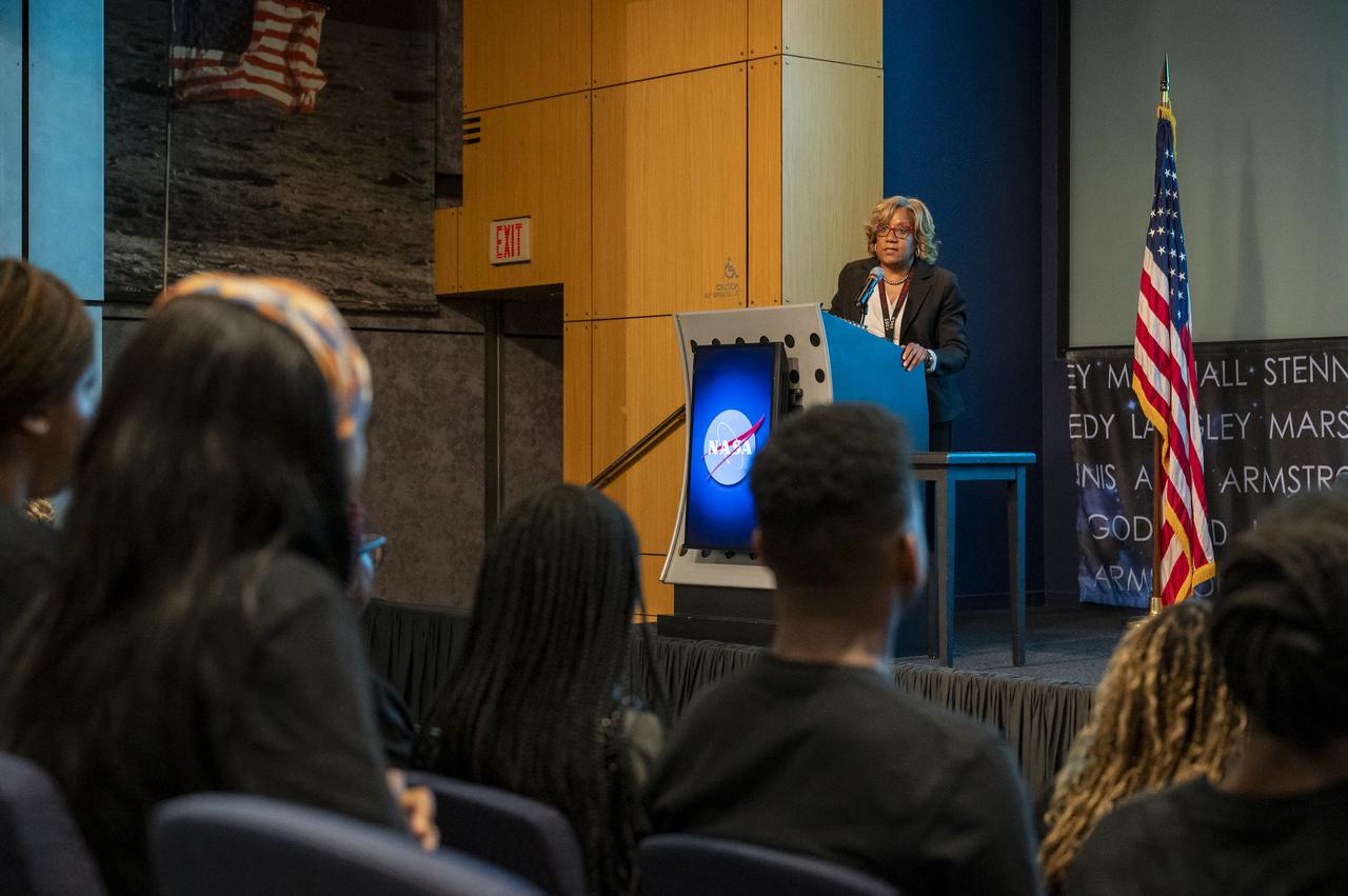 Mission Support and Headquarters Operations Director Nichole Pinkney delivers remarks during a high school student engagement event, Thursday, July 6, 2023, at the Mary W. Jackson NASA Headquarters building in Washington. Photo Credit: (NASA/Keegan Barber)