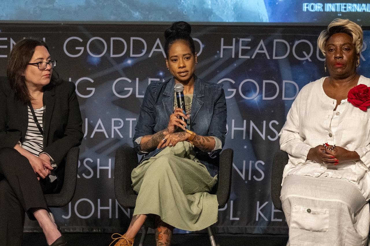 Strategic Communications and Outreach Lead Denise Hill, center, answers questions during a high school student engagement event, Thursday, July 6, 2023, at the Mary W. Jackson NASA Headquarters building in Washington. Photo Credit: (NASA/Keegan Barber)