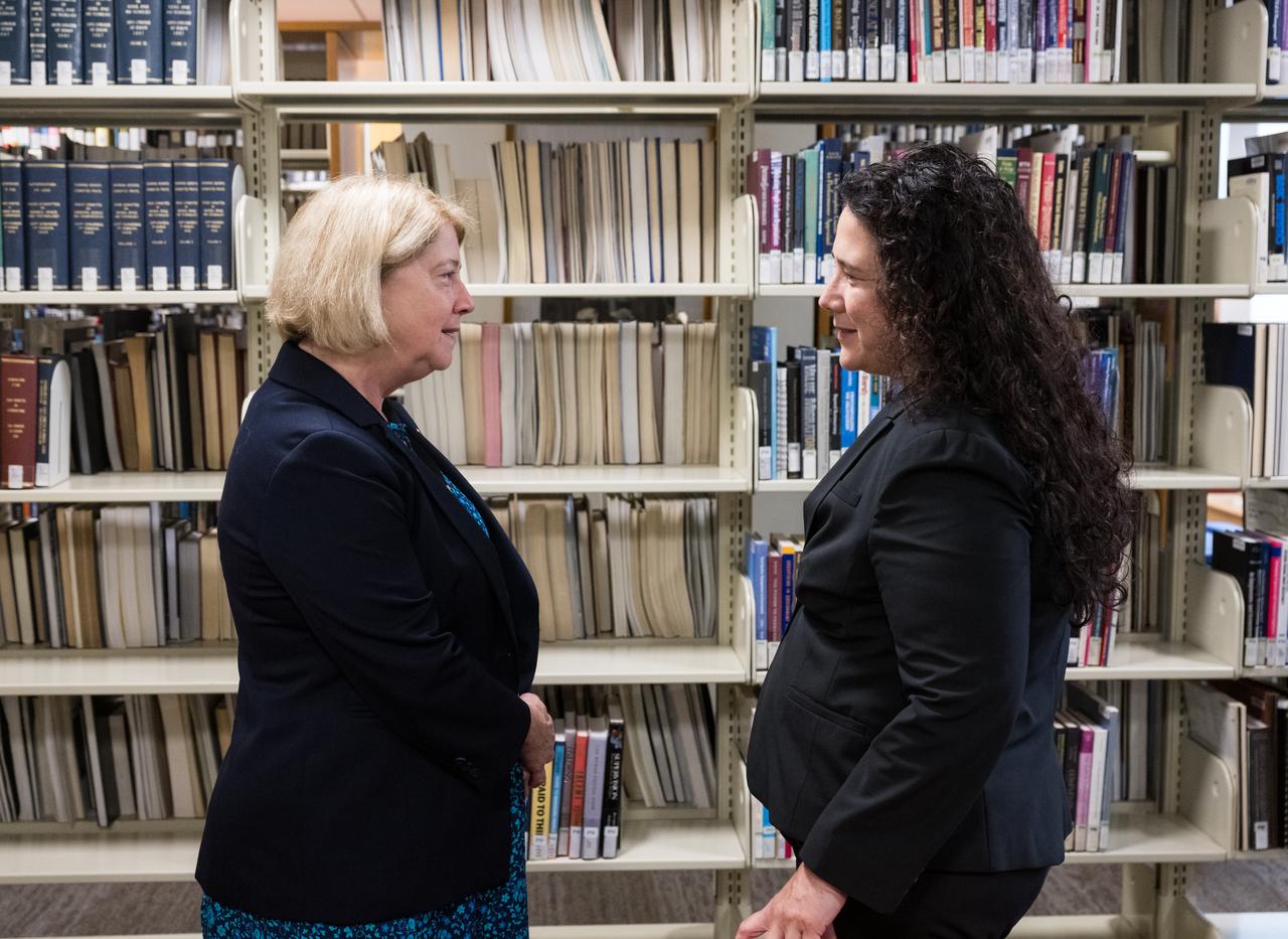 Isabella Casillas Guzman, Administrator of the Small Business Administration (SBA), right, speaks with NASA Deputy Administrator Pam Melroy before unveiling the 2022 Small Business Federal Procurement Scorecard, at an event hosted by NASA, Tuesday, July 18, 2023 in the Earth Information Center at the Mary W. Jackson NASA Headquarters building in Washington. For the sixth year in a row NASA has received an “A” rating from SBA for its work with small businesses. Photo Credit: (NASA/Aubrey Gemignani)
