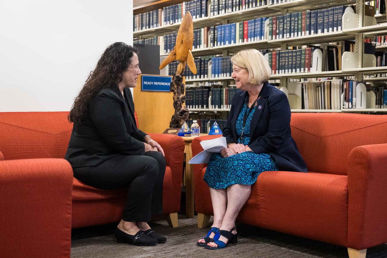 Isabella Casillas Guzman, Administrator of the Small Business Administration (SBA), left, speaks with NASA Deputy Administrator Pam Melroy before unveiling the 2022 Small Business Federal Procurement Scorecard, at an event hosted by NASA, Tuesday, July 18, 2023 in the Earth Information Center at the Mary W. Jackson NASA Headquarters building in Washington. For the sixth year in a row NASA has received an “A” rating from SBA for its work with small businesses. Photo Credit: (NASA/Aubrey Gemignani)