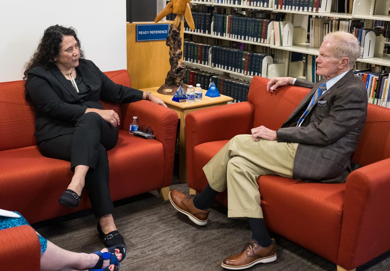 Isabella Casillas Guzman, Administrator of the Small Business Administration (SBA), left, speaks with NASA Administrator Bill Nelson, right, before unveiling the 2022 Small Business Federal Procurement Scorecard, at an event hosted by NASA, Tuesday, July 18, 2023 in the Earth Information Center at the Mary W. Jackson NASA Headquarters building in Washington. For the sixth year in a row NASA has received an “A” rating from SBA for its work with small businesses. Photo Credit: (NASA/Aubrey Gemignani)
