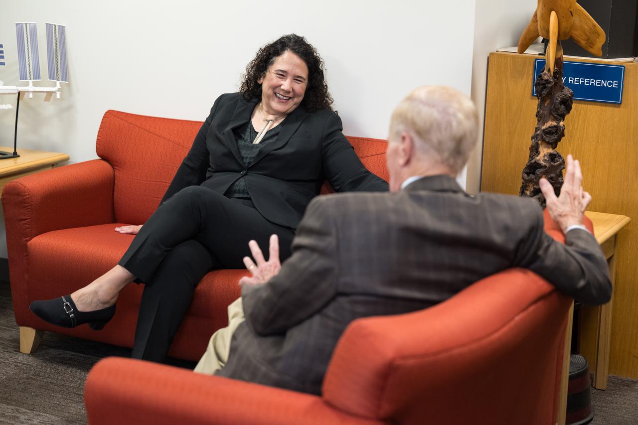 Isabella Casillas Guzman, Administrator of the Small Business Administration (SBA), left, speaks with NASA Administrator Bill Nelson, right, before unveiling the 2022 Small Business Federal Procurement Scorecard, at an event hosted by NASA, Tuesday, July 18, 2023 in the Earth Information Center at the Mary W. Jackson NASA Headquarters building in Washington. For the sixth year in a row NASA has received an “A” rating from SBA for its work with small businesses. Photo Credit: (NASA/Aubrey Gemignani)