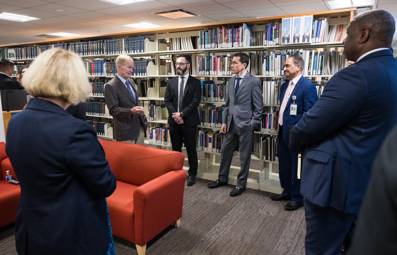 NASA Administrator Bill Nelson, top left, and NASA Deputy Administrator Pam Melroy, bottom left, speak to small business owners who work with NASA before Isabella Casillas Guzman, Administrator of the Small Business Administration (SBA), unveils the 2022 Small Business Federal Procurement Scorecard, at an event hosted by NASA, Tuesday, July 18, 2023 in the Earth Information Center at the Mary W. Jackson NASA Headquarters building in Washington. For the sixth year in a row NASA has received an “A” rating from SBA for its work with small businesses. Photo Credit: (NASA/Aubrey Gemignani)