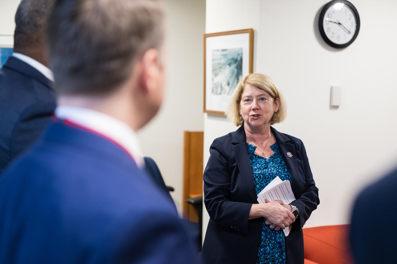 NASA Deputy Administrator Pam Melroy speaks to small business owners that work with NASA before Isabella Casillas Guzman, Administrator of the Small Business Administration (SBA), unveils the 2022 Small Business Federal Procurement Scorecard, at an event hosted by NASA, Tuesday, July 18, 2023 in the Earth Information Center at the Mary W. Jackson NASA Headquarters building in Washington. For the sixth year in a row NASA has received an “A” rating from SBA for its work with small businesses. Photo Credit: (NASA/Aubrey Gemignani)