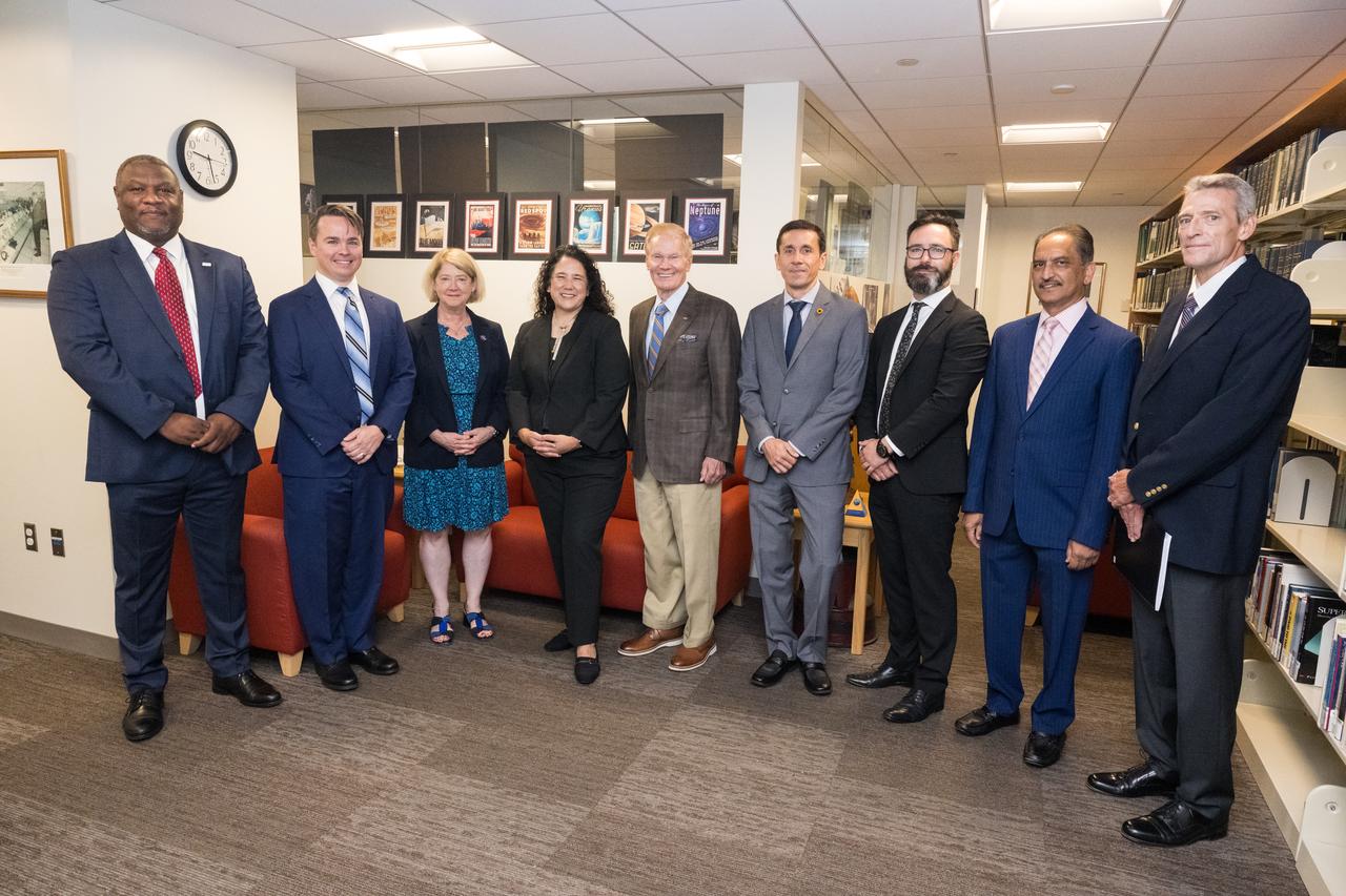 From left to right, Daryl Carrington, Director of Business Development, OPR LLC, Timothy Richardson, FDSS-III Program Manager, OPR LLC, NASA Deputy Administrator Pam Melroy, Isabella Casillas Guzman, Administrator of the Small Business Administration (SBA), NASA Administrator Bill Nelson, Ed Aguayo, President, Newton LLC, Justin Ward, Vice President, Newton LLC, Ashok Jha, President, Adnet, and David Morris, Vice President, Adnet, pose for a photo before SBA Administrator Guzman unveiled the 2022 Small Business Federal Procurement Scorecard, at an event hosted by NASA, Tuesday, July 18, 2023 in the Earth Information Center at the Mary W. Jackson NASA Headquarters building in Washington. For the sixth year in a row NASA has received an “A” rating from SBA for its work with small businesses. Photo Credit: (NASA/Aubrey Gemignani)