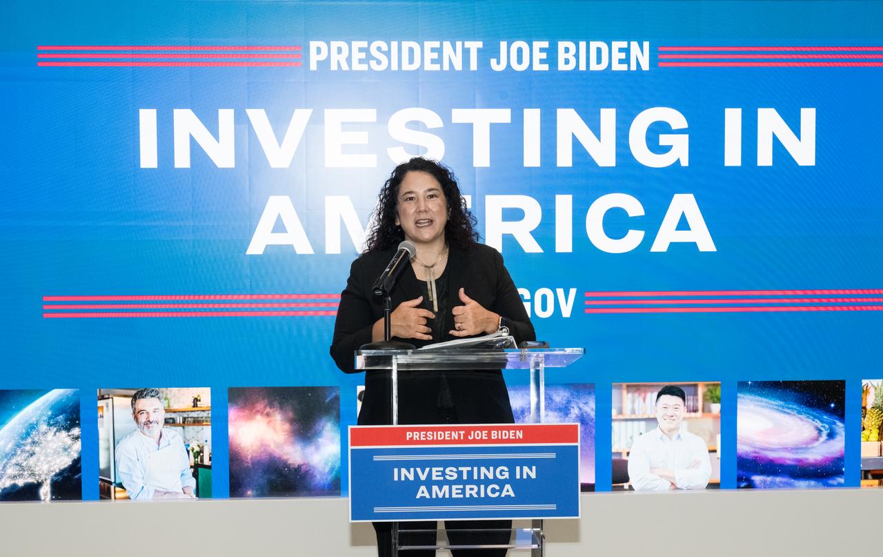 Isabella Casillas Guzman, Administrator of the Small Business Administration (SBA), unveils the 2022 Small Business Federal Procurement Scorecard, at an event hosted by NASA Administrator Bill Nelson and NASA Deputy Administrator Pam Melroy, Tuesday, July 18, 2023 in the Earth Information Center at the Mary W. Jackson NASA Headquarters building in Washington. For the sixth year in a row NASA has received an “A” rating from SBA for its work with small businesses. Photo Credit: (NASA/Aubrey Gemignani)