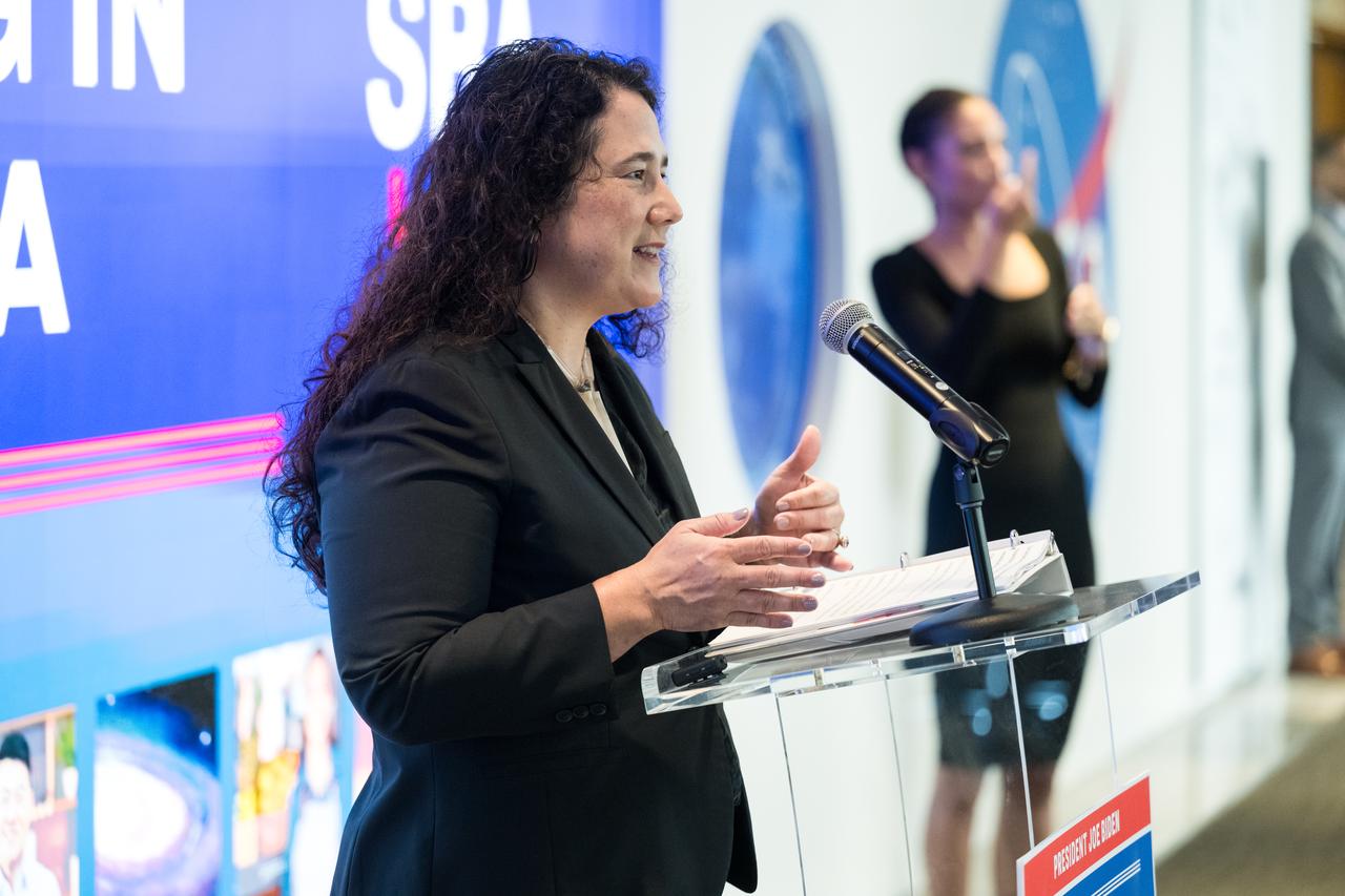 Isabella Casillas Guzman, Administrator of the Small Business Administration (SBA), unveils the 2022 Small Business Federal Procurement Scorecard, at an event hosted by NASA Administrator Bill Nelson and NASA Deputy Administrator Pam Melroy, Tuesday, July 18, 2023 in the Earth Information Center at the Mary W. Jackson NASA Headquarters building in Washington. For the sixth year in a row NASA has received an “A” rating from SBA for its work with small businesses. Photo Credit: (NASA/Aubrey Gemignani)