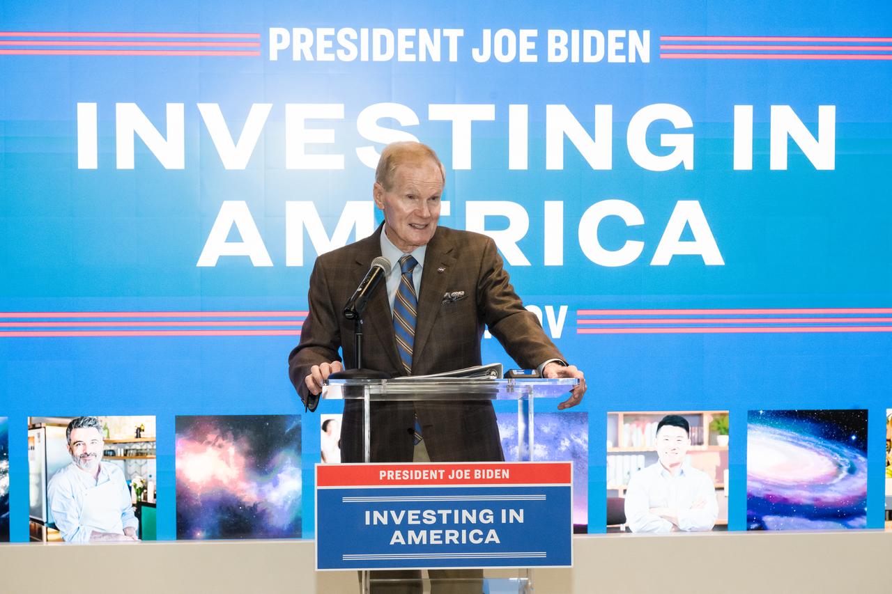 NASA Administrator Bill Nelson gives remarks during an event unveiling the 2022 Small Business Federal Procurement Scorecard, Tuesday, July 18, 2023, in the Earth Information Center at the Mary W. Jackson NASA Headquarters building in Washington. NASA Administrator Bill Nelson and NASA Deputy Administrator Pam Melroy hosted Isabella Casillas Guzman, Administrator of the Small Business Administration (SBA), for the unveiling of the annual scorecard which looks at how federal agencies rank on meeting their small business goals. Photo Credit: (NASA/Aubrey Gemignani)