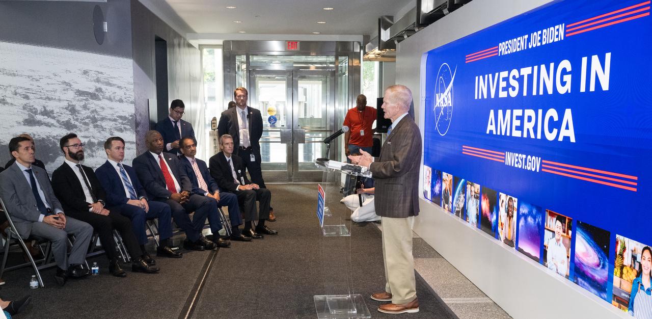 NASA Administrator Bill Nelson gives remarks during an event unveiling the 2022 Small Business Federal Procurement Scorecard, Tuesday, July 18, 2023, in the Earth Information Center at the Mary W. Jackson NASA Headquarters building in Washington. NASA Administrator Bill Nelson and NASA Deputy Administrator Pam Melroy hosted Isabella Casillas Guzman, Administrator of the Small Business Administration (SBA), for the unveiling of the annual scorecard which looks at how federal agencies rank on meeting their small business goals. Photo Credit: (NASA/Aubrey Gemignani)